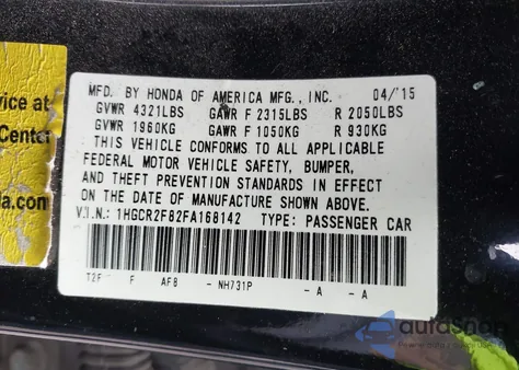 2015 Honda Accord Ex-L from USA, damaged, VIN 1HGCR2F82FA168142